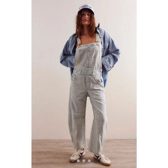 Free People We The Free Good Luck Railroad Striped Barrel Overalls Small S NWT - Picture 1 of 12